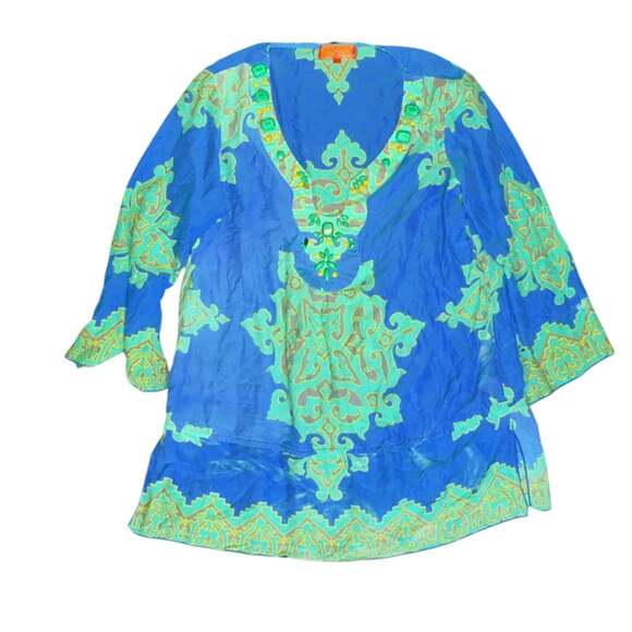 Shahida Parides Tops - Shahida Parides Embellished Silk Tunic, Blue Paisley Resort Wear, Size M